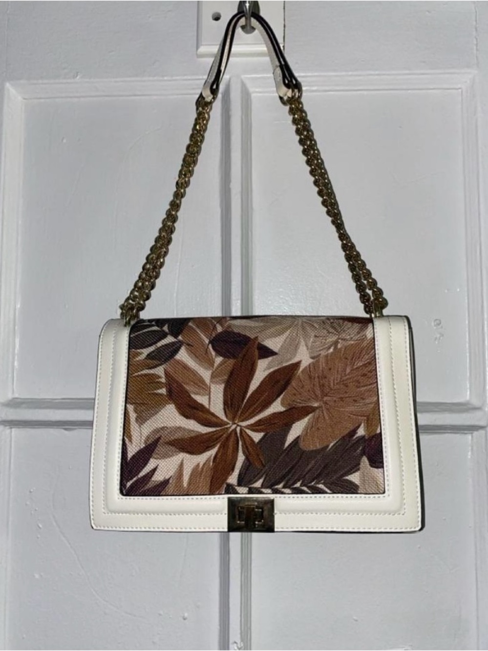INC Leather-Trim Floral Print Shoulder Bag in White and Brown